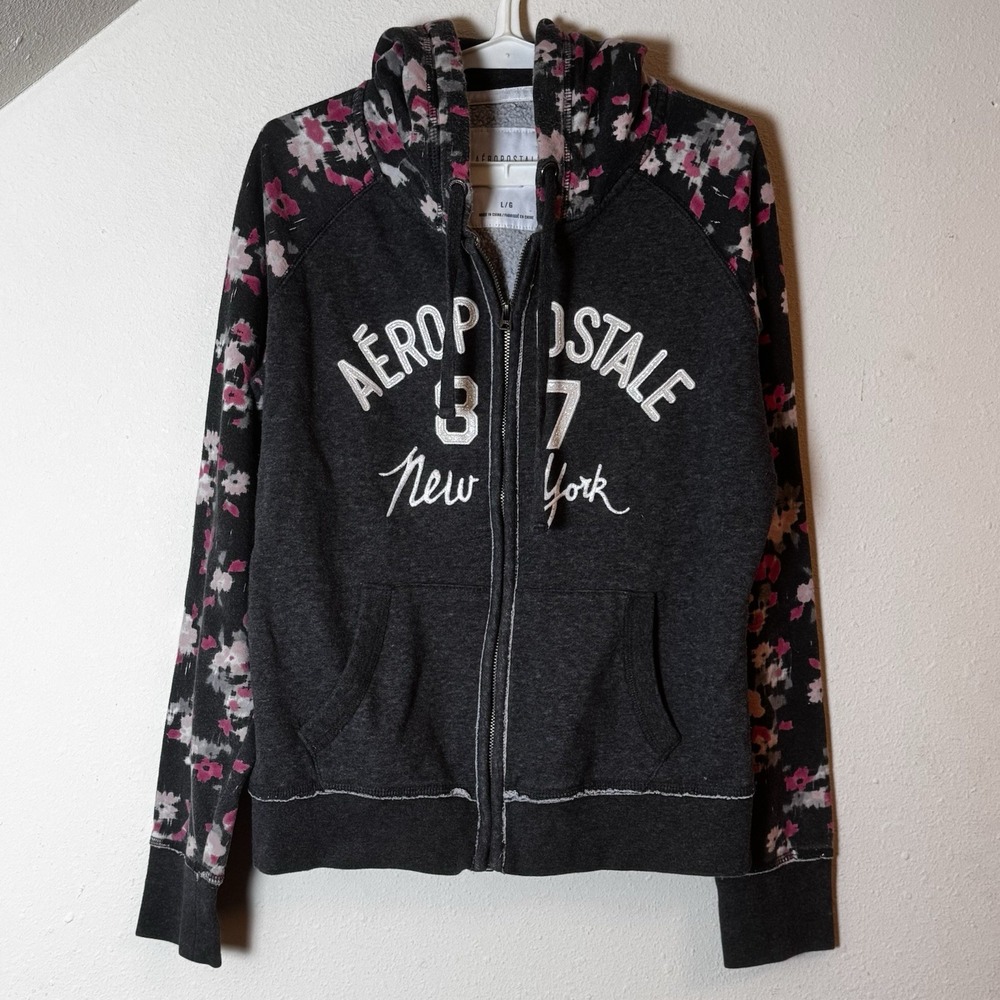 Y2K Aeropostale Hoodie Sweatshirt Womens L Glitter Spellout Logo Grey Floral Zip